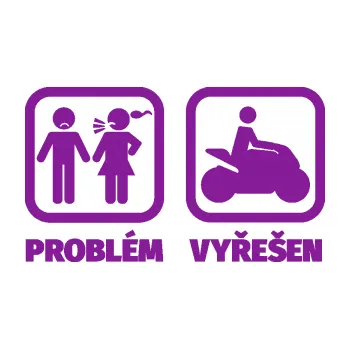 Polep vozidla SAMOLEPKA Problém? Vyřešen 005 motorkář (14 - fialová) NA AUTO, NÁLEPKA, FÓLIE, POLEP, TUNING, VLASTNÍ TEXT, TISK, AUTOSAMOLEPKY.cz, POLEPY, OBRÁZEK, LOGO, SAMOLEPKY