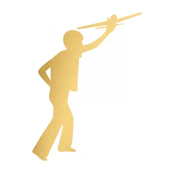 samolepka Děti silueta 003 pravá kluk s modelem letadla (43 - zlatá metalíza) SAMOLEPKA NA AUTO, NÁLEPKA, FÓLIE, POLEP, TUNING, VLASTNÍ TEXT, TISK, AUTOSAMOLEPKY.cz, POLEPY, OBRÁZEK, LOGO, 3D STICKERS