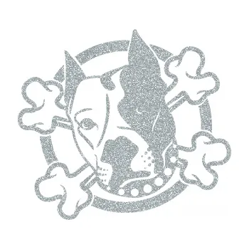 Samolepicí dekorace na vozidlo Pes 115 levá pitbull se zkříženými kostmi (91 - Ultra Metalic stříbrná metalíza) SAMOLEPKA NA AUTO, NÁLEPKA, FÓLIE, POLEP, TUNING, VLASTNÍ TEXT, TISK, AUTOSAMOLEPKY.cz, POLEPY, OBRÁZEK, LOGO, 3D STICKERS