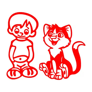 Samolepicí dekorace na vozidlo Dítě v autě 097 levá kluk a kočka (74 - Fluorescentní červená) SAMOLEPKA NA AUTO, NÁLEPKA, FÓLIE, POLEP, TUNING, VLASTNÍ TEXT, TISK, AUTOSAMOLEPKY.cz, POLEPY, OBRÁZEK, LOGO, 3D STICKERS