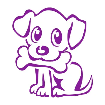 Polep vozidla SAMOLEPKA Pes 076 levá štěnátko s kostičkou (14 - fialová) NA AUTO, NÁLEPKA, FÓLIE, POLEP, TUNING, VLASTNÍ TEXT, TISK, AUTOSAMOLEPKY.cz, POLEPY, OBRÁZEK, LOGO, SAMOLEPKY