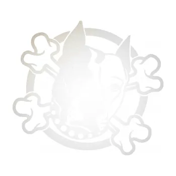 Polep vozidla SAMOLEPKA Pes 115 pravá pitbull se zkříženými kostmi (82 - odrazková reflexní bílá) NA AUTO, NÁLEPKA, FÓLIE, POLEP, TUNING, VLASTNÍ TEXT, TISK, AUTOSAMOLEPKY.cz, POLEPY, OBRÁZEK, LOGO, SAMOLEPKY