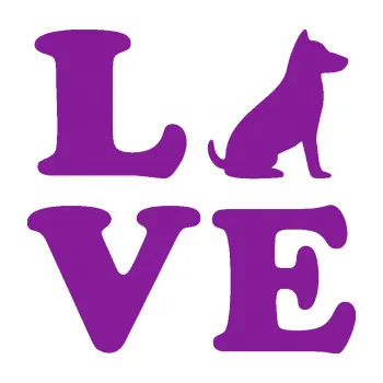 Polep vozidla SAMOLEPKA Love nápis s pejskem (14 - fialová) NA AUTO, NÁLEPKA, FÓLIE, POLEP, TUNING, VLASTNÍ TEXT, TISK, AUTOSAMOLEPKY.cz, POLEPY, OBRÁZEK, LOGO, SAMOLEPKY