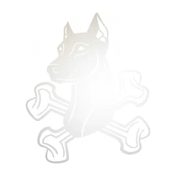 Polep vozidla SAMOLEPKA Pes 114 levá dobrman se zkříženými kostmi (82 - odrazková reflexní bílá) NA AUTO, NÁLEPKA, FÓLIE, POLEP, TUNING, VLASTNÍ TEXT, TISK, AUTOSAMOLEPKY.cz, POLEPY, OBRÁZEK, LOGO, SAMOLEPKY