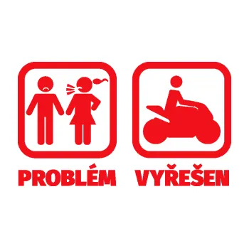 Polep vozidla SAMOLEPKA Problém? Vyřešen 005 motorkář (10 - červená) NA AUTO, NÁLEPKA, FÓLIE, POLEP, TUNING, VLASTNÍ TEXT, TISK, AUTOSAMOLEPKY.cz, POLEPY, OBRÁZEK, LOGO, SAMOLEPKY