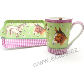 HORSES3 hrnek + tácek koně na zelené, kopretiny 300ml