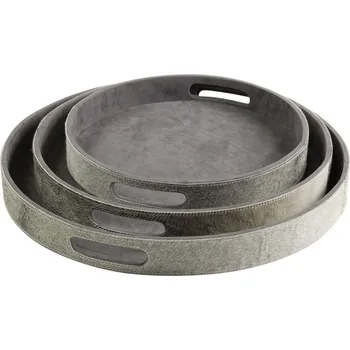 Sada 3ks servírovací podnosy s hovězí kůží šedá - Ø 46*5cm/Ø 40*5cm/ Ø33*5cm