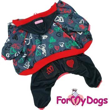 Obleček pro psa FOR MY DOGS Overal DENIM HEARTS, modrý, Velikost: 14/M