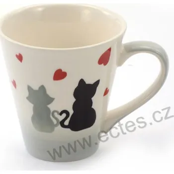 ChaCult COLETTE bílošedý keramický hrnek černá a šedá kočka s červenými srdíčky 250ml