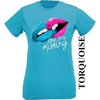Dámské tričko levne-divci-tricko-potisk-polibek Barva: Turquoise - tyrkysová, Výstřih: Kulatý výstřih kolem krku, EU dámská velikost: eu 32/34 (dívčí prodloužená 116) viz tabulka velikostí