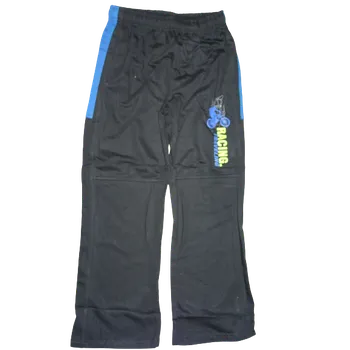 Chlapecké černé tepláky s modrým proužkem a obrázkem jízního kola racing traveling. 164