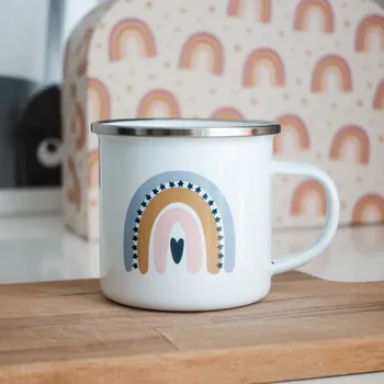 Bílý smaltovaný plecháček s duhou 360ml