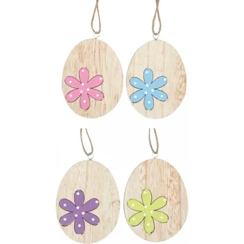 Velikonoční dekorace Vajíčko dřevěné s kytičkou k zavěšení 10 cm 1 kus