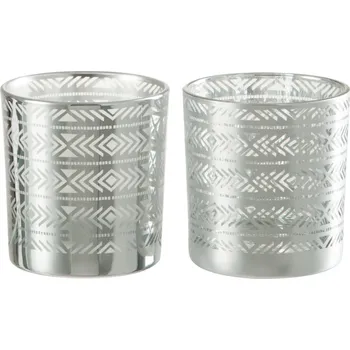 Svícen 2ks Stříbrné skleněné svícny na čajovou svíčku s etnickým vzorem - 7,3*7,3*8 cm