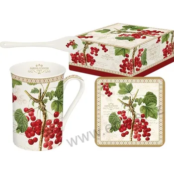 Easy Life JARDIN D'HIVER porcelánový hrnek se lžičkou a korková podložka s červeným rybízem a zelenými listy 300ml