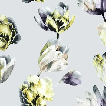 Dimout světle šedý, žluté a fialové květy, š.150