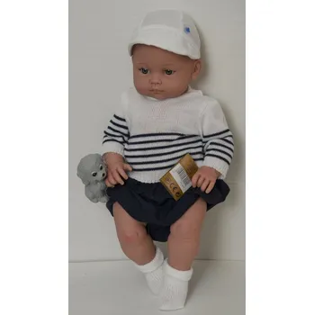 Panenka Realistické miminko chlapeček Arthur bílém svetříku s pruhy a čepicí od firmy Lamagik (Realistická miminka ze Španělska)