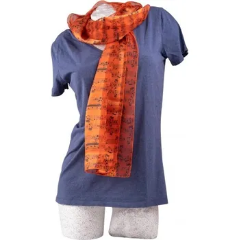 Šála se saténovými pruhy s potiskem not oranžová barva 35 x 150 cm