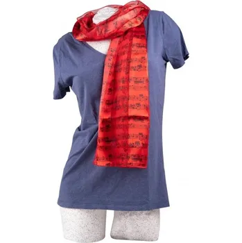 Šála se saténovými pruhy s potiskem not červená barva 35 x 150 cm