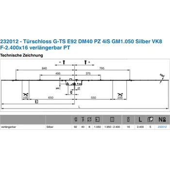 MACO G-TS zámek ovládaný klikou E92 PZ 4iS DM40 VK8 F-2400X16, prodlužitelný PT