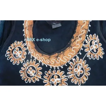 Dámské oblečení Etno batikované letní černé šaty volné na ramínka s výšivkou - Zlatá