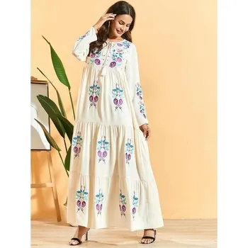 Dámské šaty Dámské orientální dlouhé šaty Abaya s výšivkou krémové - XXXL