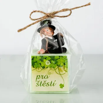 Svíčka Přírodní vonná svíčka palmová - AROMKA - Dárkové balení pro štěstí - Kostka a socha kominíka Vůně: Mango a Papaya