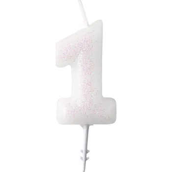 Dortová svíčka Narozeninová svíčka bílá se třpytkami "číslo 1", 4,5 cm
