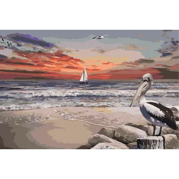 Malování podle čísel - Pelikán a loďka Velikost: 40x60cm, Rámování: Pouze srolované plátno