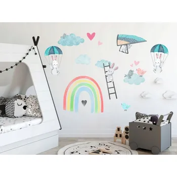 Samolepící dekorace Nálepka na zeď zamilované zajíčky a duha 60 x 120 cm