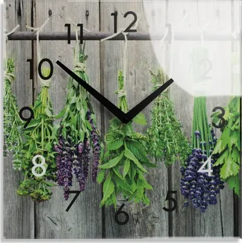 Hodiny Dekorační skleněné hodiny 30 cm s motivem bylinek