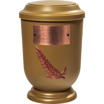 Smuteční dekorace Pohřební Plastová urna na popel, oválné prohlé víčko, zlatá, štítek č. 53, 100 x 50, snítka