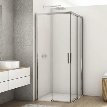 RONAL DIVERA Rohový vstup s dvoudílnými posuvnými dveřmi aluchrom čiré D22SE2B0705007