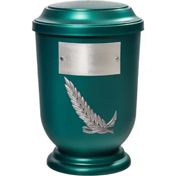 Smuteční dekorace Pohřební Plastová urna na popel, oválné prohlé víčko, zelená, štítek č. 52, 100 x 50, stříbrná snítka