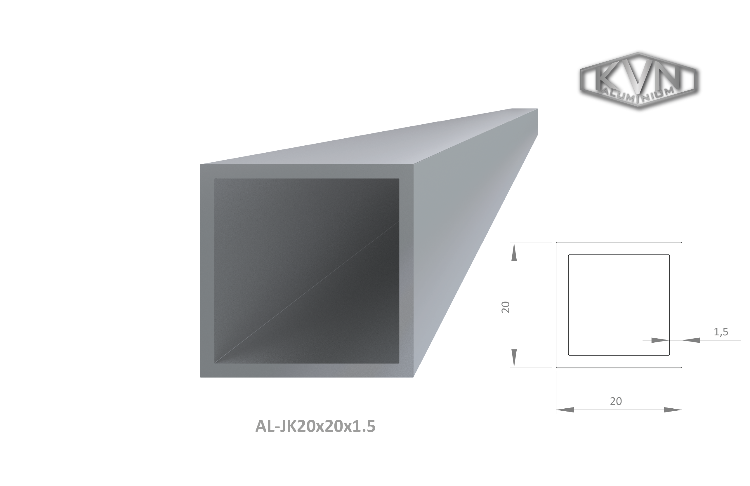 Hliníkový jekl 20x20x1,5 mm, délka 6000 mm, materiál EN AW-6060 T66, přírodní hliník bez povrchové úpravy, cena za kus