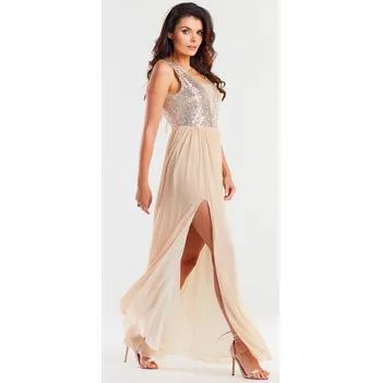 Dámské šaty Dlouhé elegantní šaty flitrové s otevřenými zády A486 Barva: Béžová, Velikost: XL