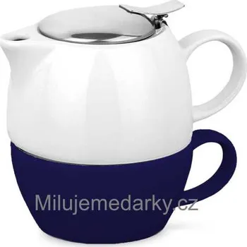 Konvice na čaj Bílá keramická konvička s modrým šálkem a vloženým sítkem na sypaný čaj 2 v 1