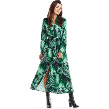 Dámské šaty Dlouhé košilové šaty s potiskem A324 Barva: Zelená, Velikost: XL
