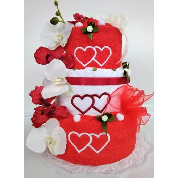 Veratex Textilní dort třípatrový vyšitá srdíčka 1ks osuška 2ks ručník