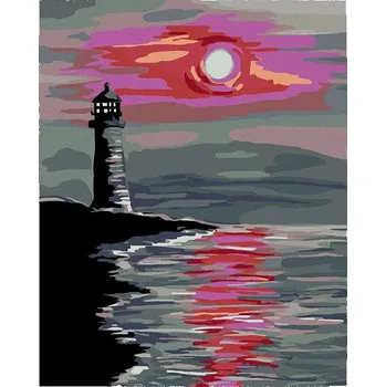 Malování podle čísel - Maják při západu, 40x50 cm, bez rámu a bez vypnutí plátna
