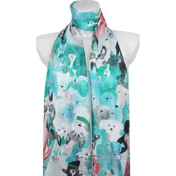 Šátek Dámský tenký obdélníkový šál 378-6, motiv pejsků- zelené barvy 7200609-2