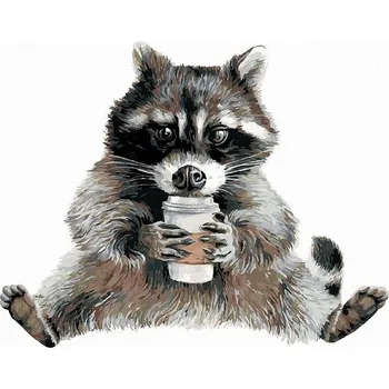 Malování podle čísel - Mýval a káva (Holly Simental), 40x50 cm, bez rámu a bez vypnutí plátna