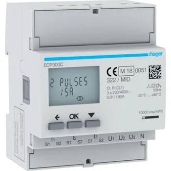 ECP300C Elektroměr digitální 3F, 2 Tarify nepřímé měření x/5 (6000 A), imp. výstup, MID, Hager