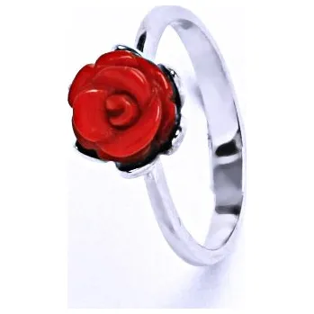 Prsten Stříbrný prsten růže přírodní červený korál - T1351 (Stříbrný prsten s růží z korálu)