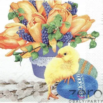 Jednorázové nádobí Ubrousky 'Maki' 33 x 33 cm 3N (20 ks) - (Velikonoce) kuře a tulipány