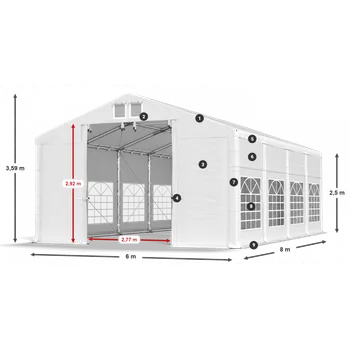 Zahradní stan Párty stan 6x8x2,5m střecha PVC 620g/m2 boky PVC 620g/m2 konstrukce ZIMA PLUS Bílá Bílá Bílá