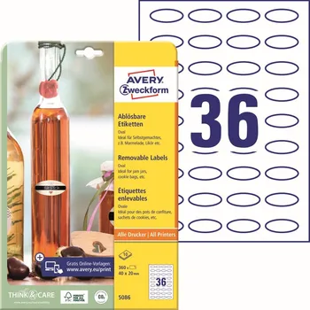 Papír Avery Zweckform 5086 Oválné snímatelné etikety 40x20 mm, 360 ks, bílé + online software pro tisk etiket + tiskové šablony ke stažení zdarma