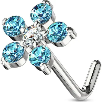 Piercing Zahnutý piercing do nosu, kytička (tyrkysová)