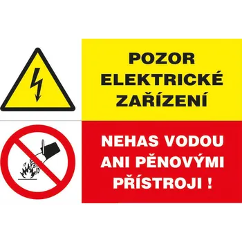 Walteco Pozor, elektrické zařízení/Nehas vodou ani pěnovými přístroji, 80x50mm, samolepka Množství: 1 ks