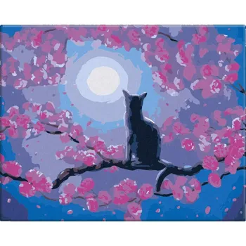 Malování podle čísel - Černý kocour při úplňku - 50x40 cm, bez dřevěného rámu - CZ výroba